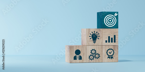 woods block step on table with icon Action plan, Goal and target, success and business target concept, project management, company strategy