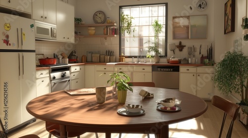 A kitchen with a large wooden table in the center. The table is set with plates, cups, and a vase of flowers. The kitchen is well-lit and has a warm, inviting atmosphere