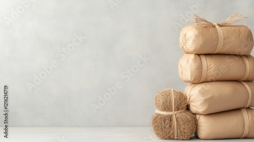 The usage of mitigation strategies and the recycling concept. Stacked wrapped packages tied with twine on a neutral background. photo