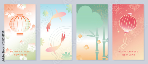 Chinese New Year 2025 hongbao colorful envelope design vector. Collection of Chinese festival with lantern, fish, flower firework. Elegant oriental illustration for angpao, cover, calendar, ads. photo