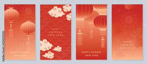 Chinese New Year 2025 hongbao red envelope design vector. Collection of Chinese festival with lantern, sea wave, firework. Elegant oriental illustration for angpao, cover, website, calendar, ads.
