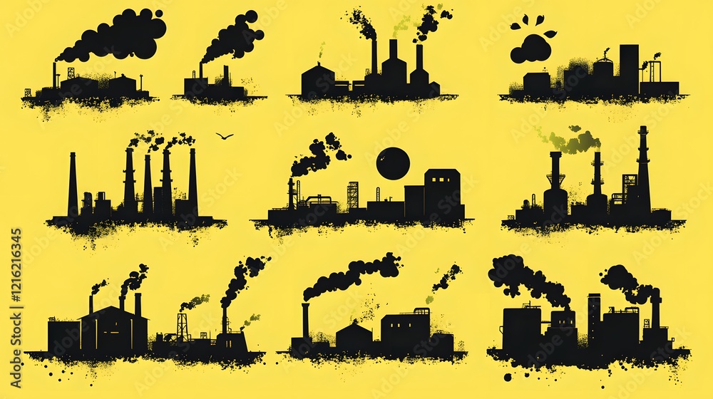 Fototapeta premium Industrial silhouettes adorned by smoke against a vibrant yellow backdrop