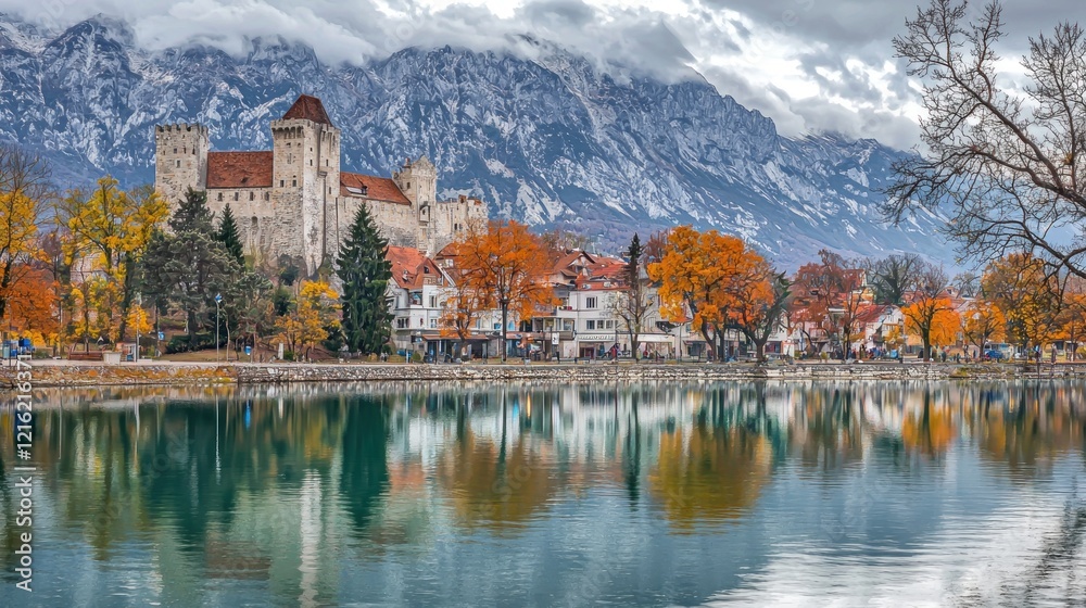 Autumnal castle lake reflection, alpine backdrop, tourism Autumnal castle lake reflection, alpine backdrop, tourism