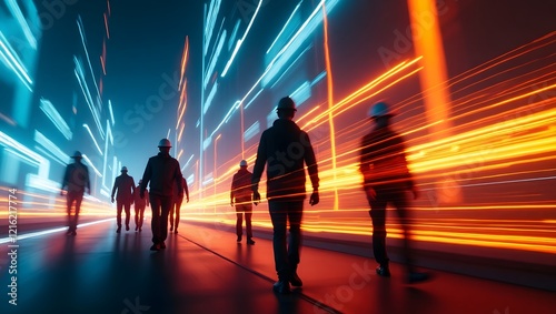 Workers moving through a futuristic industrial corridor with dynamic light trails. Perfect for technology, progress, and industry themes