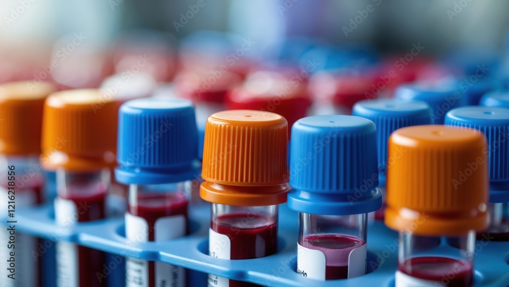 Close-up of colorful blood sample tubes in a lab rack Close-up of colorful blood sample tubes in a lab rack