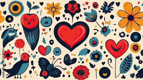 Retro cartoon-style groovy Valentineâ€™s Day characters and love symbols. 