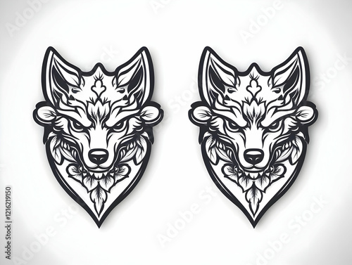 Two Ornate Wolf Heads with Floral Design in Monochrome Palette and Geometric Shapes photo