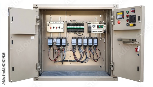 Industrial electrical panel with open doors showing wiring and components