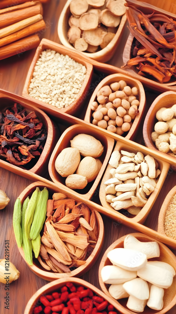 Assortment of Dried Herbs and Spices Beautifully Displayed in Wooden Bowls Assortment of Dried Herbs and Spices Beautifully Displayed in Wooden Bowls