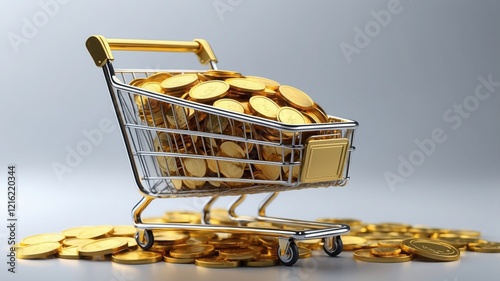 Wealthy Shopping Cart Filled with Gold Coins photo