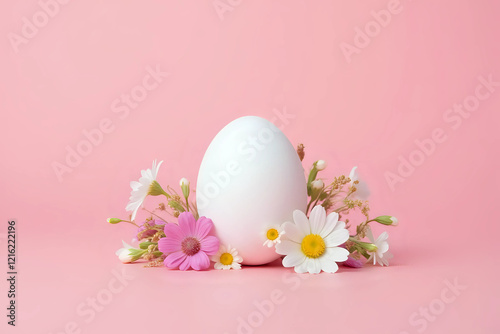 White egg and spring flowers. Easter minimal on pink background. Happy easter, spring or summer, food concept photo