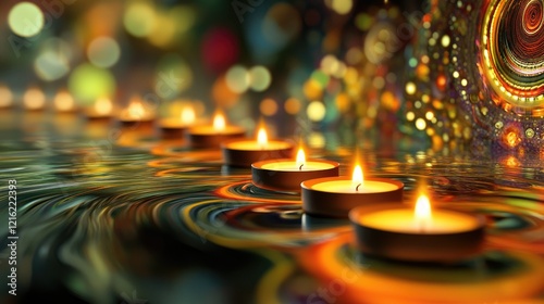 A row of small oil lamps with flickering flames, placed on a reflective surface. photo