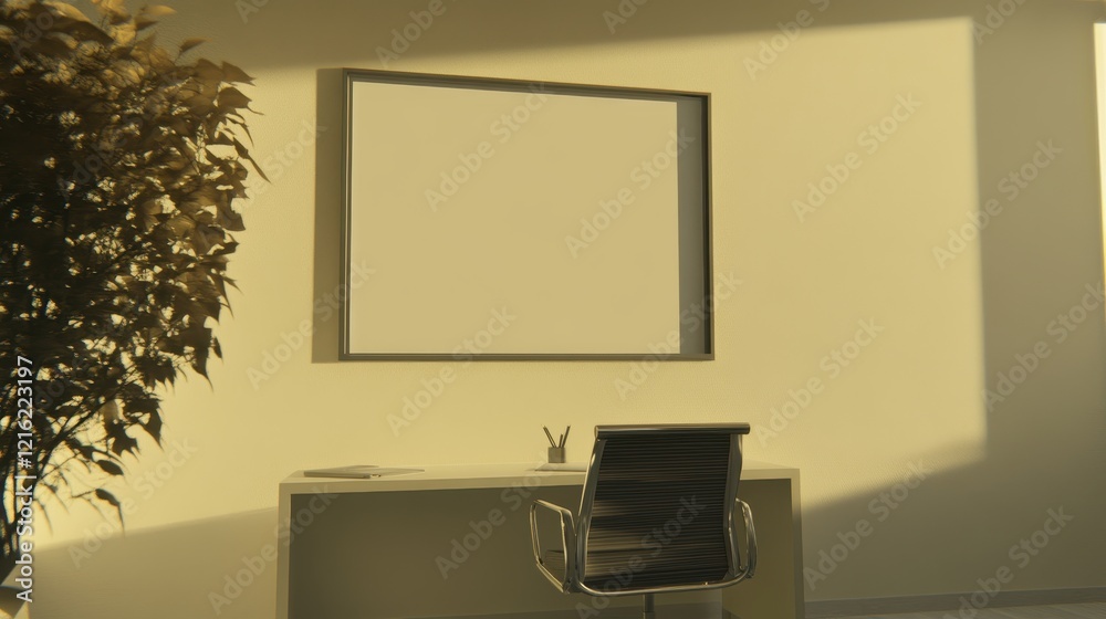 Fototapeta premium Serene Minimalist Office Workspace with Sunlight Streaming Through Window