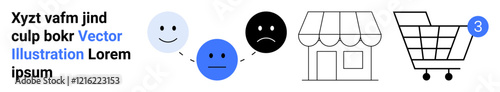 Three emotions happy, neutral, sad , store with awning, shopping cart, blue notification bubble with number three. Ideal for online shopping, user experience, feedback, e-commerce, retail