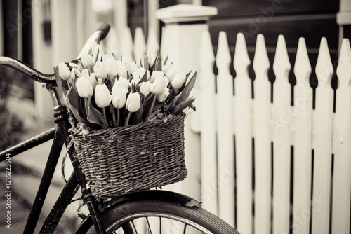 Bicycle with Flower Basket A vintage bicycle leaning against a picket fence, with a basket overflowing with tulips photo