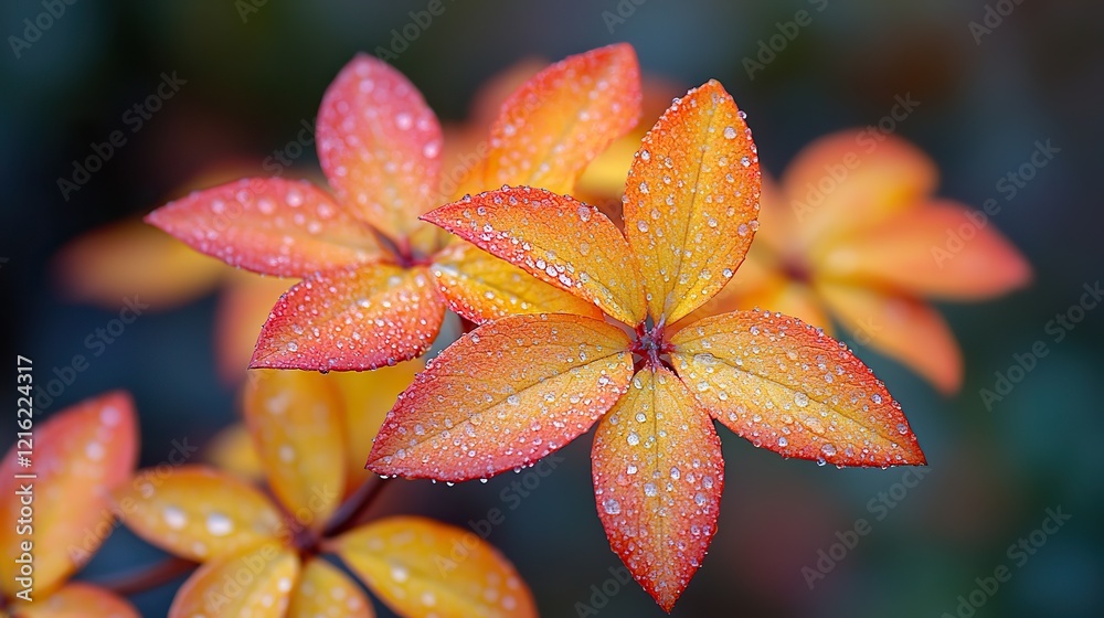 Bright and vibrant autumn leaves in orange and yellow shades captured close-up on a branch with a natural blurred background Bright and vibrant autumn leaves in orange and yellow shades captured close-up on a branch with a natural blurred background