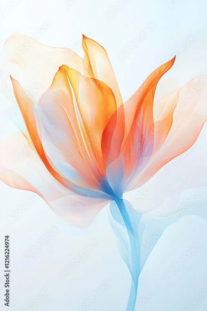 A digital art piece of an abstract tulip flower, rendered in soft orange and light blue gradient colors on a white background. A digital art piece of an abstract tulip flower, rendered in soft orange and light blue gradient colors on a white background.