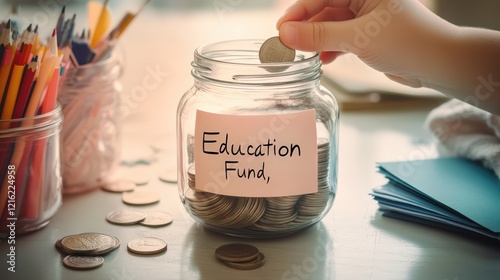 Hand Placing Coin in Education Fund Jar Surrounded by Colorful Pencils and Notebooks photo