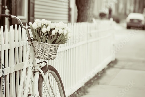 Bicycle with Flower Basket A vintage bicycle leaning against a picket fence, with a basket overflowing with tulips photo