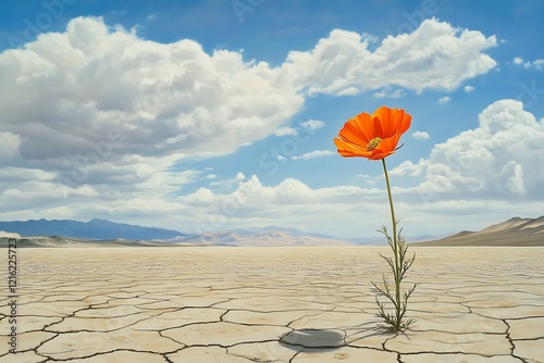 Resilient orange flower in a cracked desert landscape.