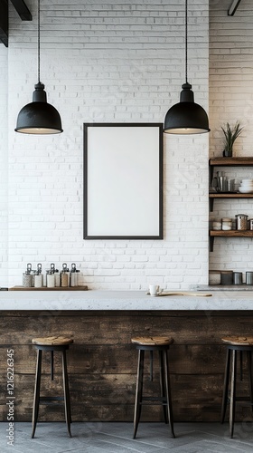 Modern Rustic Cafe Interior Design Mockup with Blank Poster and Wooden Bar Stools