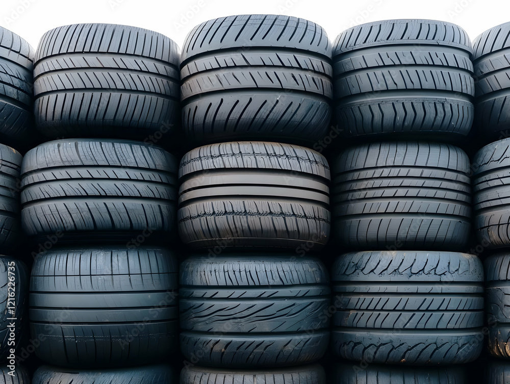Stack of old worn-out car tires forms a textured and abstract pattern against a plain backdrop. Stack of old worn-out car tires forms a textured and abstract pattern against a plain backdrop.