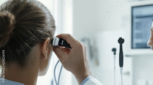 A close-up of a healthcare provider using a digital otoscope on a patient with a bright, clean examination room in the background, Clinical style
