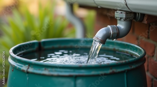 Close-up of a rainwater harvesting system with water flowing from a gutter into a collection barrel.