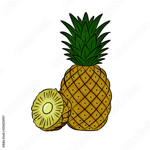 vector illustration of pineapple fruit in cartoon style. whole and split fruit. Healthy fruit, vegetarian product.