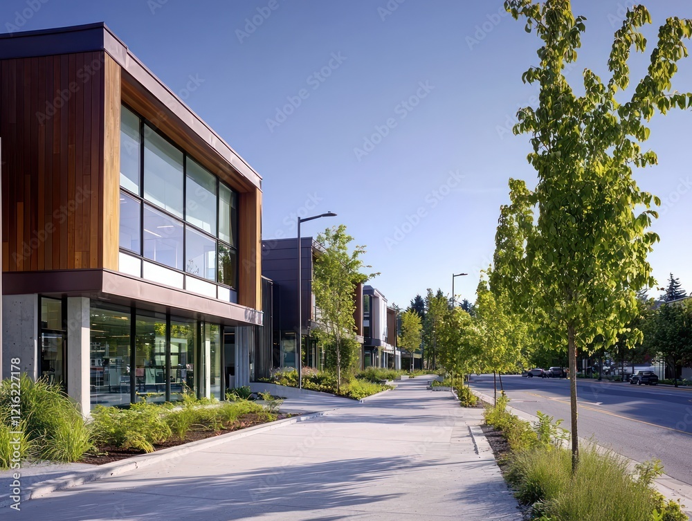 Quiet street alongside a contemporary office exterior Quiet street alongside a contemporary office exterior