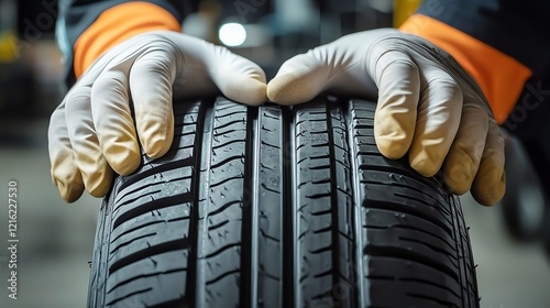 Hands inspecting a vehicle tire in workshop.