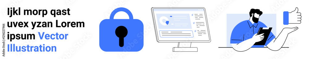 Text placeholder and blue secure lock, computer screen showing security data, person using tablet and giving thumbs up. Ideal for cybersecurity, tech blogs, educational content, data protection Text placeholder and blue secure lock, computer screen showing security data, person using tablet and giving thumbs up. Ideal for cybersecurity, tech blogs, educational content, data protection