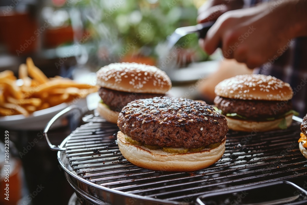 Grilling juicy burgers, patio, fries, summer Grilling juicy burgers, patio, fries, summer