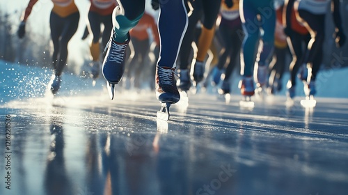 Dynamic close-up of speed skaters in motion on ice, showcasing agility and precision in a competitive atmosphere. photo