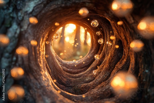 Ancient tree hollow illuminated by floating orbs, spiral composition, golden hour, tilt-shift focus photo