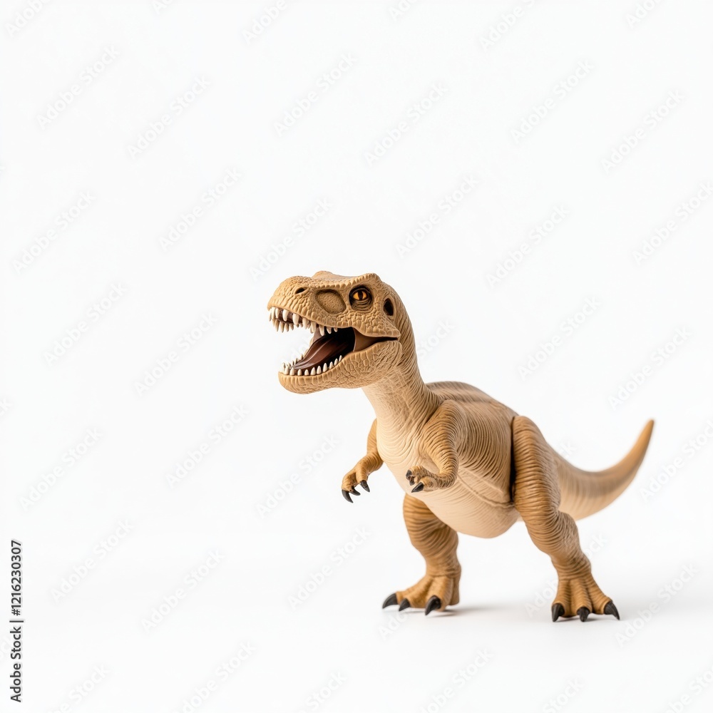 A small toy dinosaur stands on a white background, showcasing its fierce expression and detailed features. A small toy dinosaur stands on a white background, showcasing its fierce expression and detailed features.