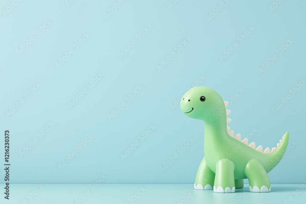 Fototapeta premium A cute green dinosaur toy stands against a pastel blue background, evoking a playful and whimsical atmosphere.