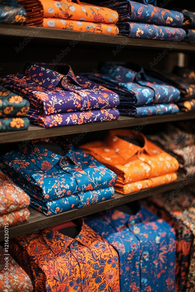 A display of colorful, patterned men's shirts neatly folded on shelves in the store. The shirt designs include floral patterns and bold colors A display of colorful, patterned men's shirts neatly folded on shelves in the store. The shirt designs include floral patterns and bold colors
