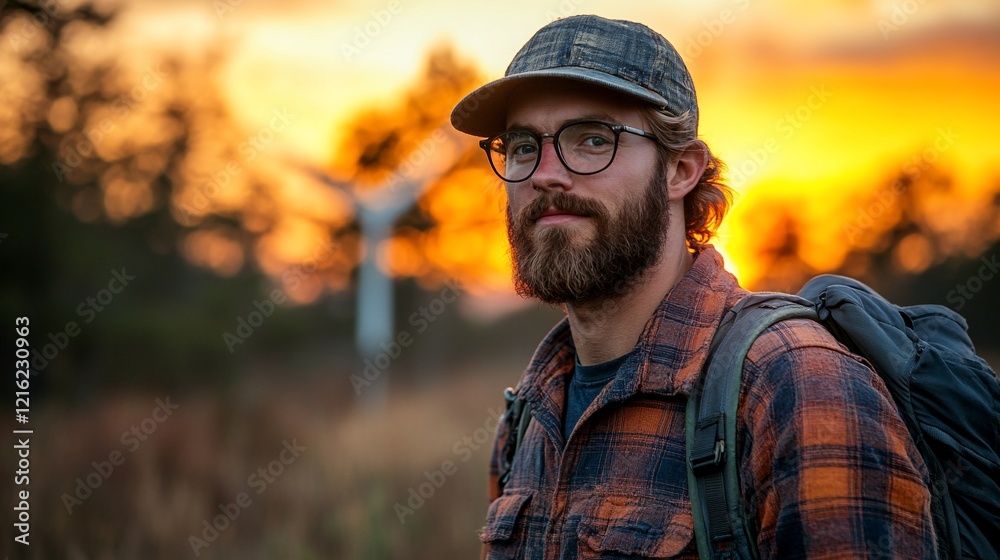 Bearded man with backpack at sunset, wind turbines in background. Bearded man with backpack at sunset, wind turbines in background.