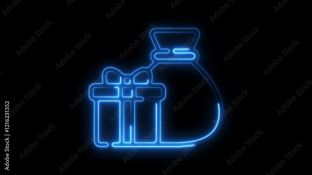Bright neon line gift & bag icon isolated on black background 4K animation. Motion graphic animation. Bright neon line gift & bag icon isolated on black background 4K animation. Motion graphic animation.