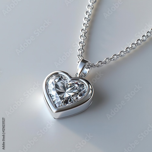 Clean White Surface  Silver Necklace with Heart Shaped Diamond 3D Render