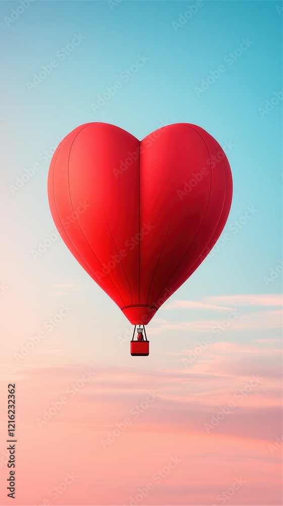 Fototapeta premium A vibrant red heart-shaped hot air balloon floats against a serene sky, symbolizing love and adventure.