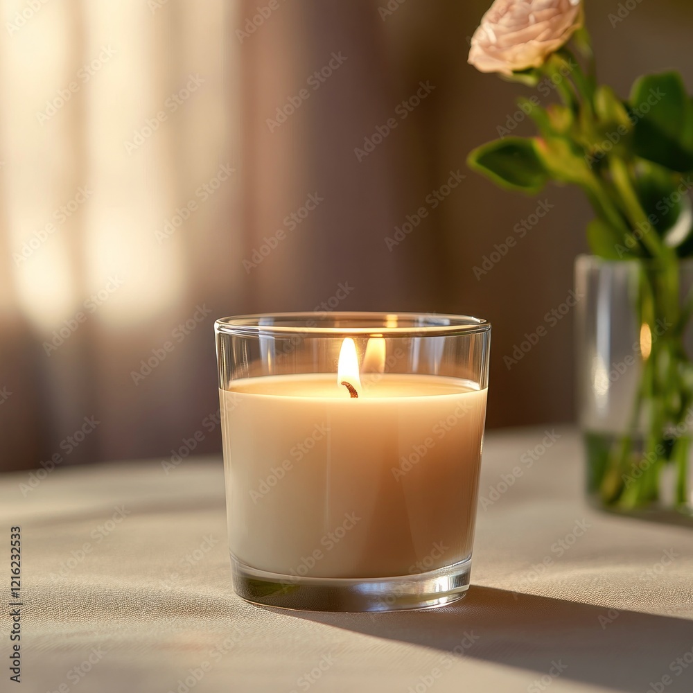 Lit candle, soft light, floral background, home decor