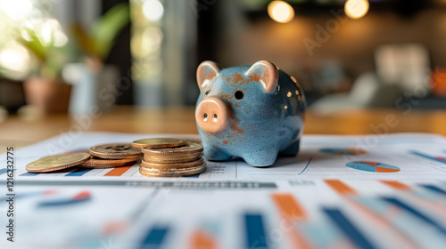 Financial planning and Secure Savings accounts: Discuss investment options. Piggy banks and coins next to stock market indicators highlight the importance of saving and investing for future security.