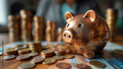 Financial planning and Secure Savings accounts: Discuss investment options. Piggy banks and coins next to stock market indicators highlight the importance of saving and investing for future security.