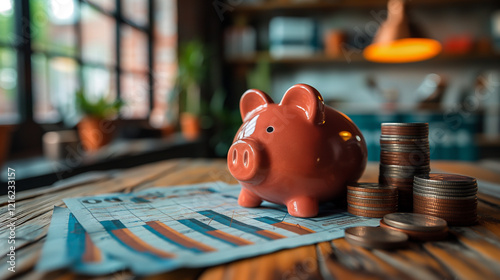 Financial planning and Secure Savings accounts: Discuss investment options. Piggy banks and coins next to stock market indicators highlight the importance of saving and investing for future security.