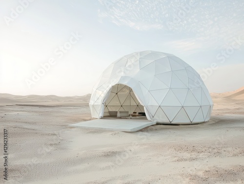 White geodesic dome tent in desert, nomadic landscape