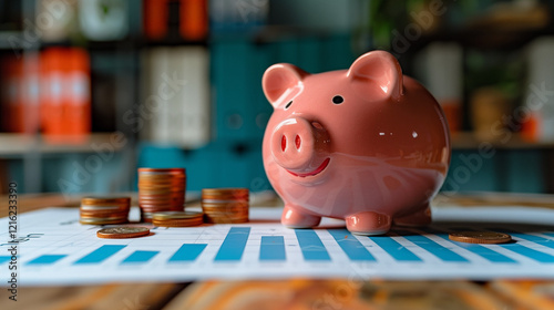 Financial planning and Secure Savings accounts: Discuss investment options. Piggy banks and coins next to stock market indicators highlight the importance of saving and investing for future security.