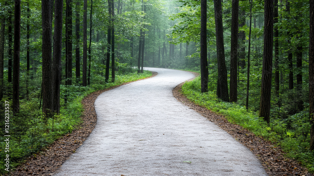 winding path through foggy, serene forest creates tranquil atmosphere winding path through foggy, serene forest creates tranquil atmosphere