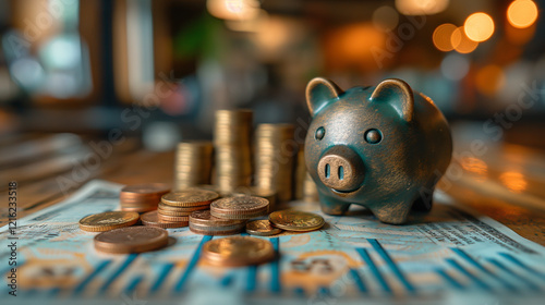 Financial planning and Secure Savings accounts: Discuss investment options. Piggy banks and coins next to stock market indicators highlight the importance of saving and investing for future security.